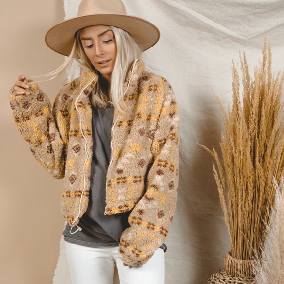 New Cozy Fleece Aztec Print Zip Up Jacket Coat - Picture 10 of 12